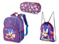 Un sac à dos, un sac de sport et une trousse à crayons à l'effigie de Sonic the Hedgehog.