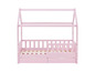 Un lit d'enfant rose avec une tête de lit en forme de maison et des tiroirs de rangement.