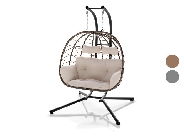 Fauteuil suspendu œuf avec coussins beiges et cadre noir.