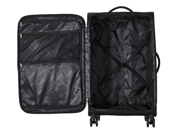 Valise de voyage noire ouverte avec compartiments intérieurs et sangles de maintien.