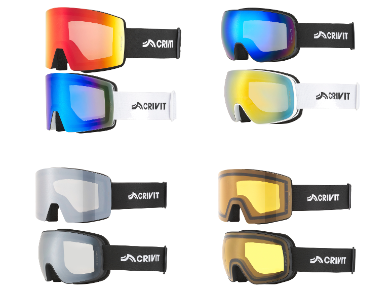 Masques de ski CRIVIT pour beau temps, tout temps et mauvais temps, en diverses couleurs et designs.