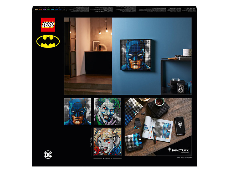 Ensemble LEGO Art avec des portraits de Batman, Joker et Harley Quinn.