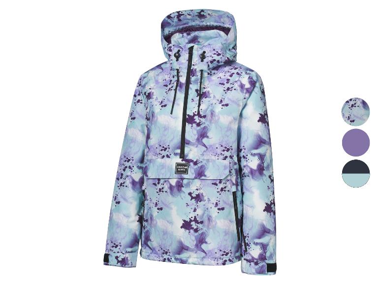 Veste de ski à capuche, imprimé bleu et violet avec des éclaboussures noires.