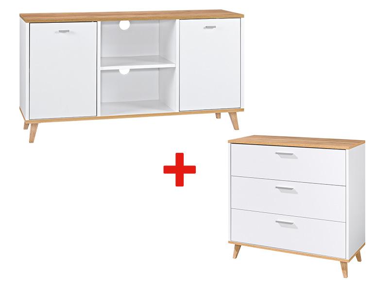 Ensemble de meubles de salon blanc et bois, comprenant un buffet et une commode à trois tiroirs.