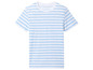 Un t-shirt blanc à rayures bleues.