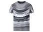 T-shirt à manches courtes rayé noir et blanc avec un petit logo bleu.
