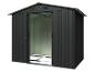 Abri de jardin métallique noir avec portes coulissantes ouvertes et intérieur vert.
