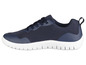 Une chaussure de sport bleue avec une semelle blanche.