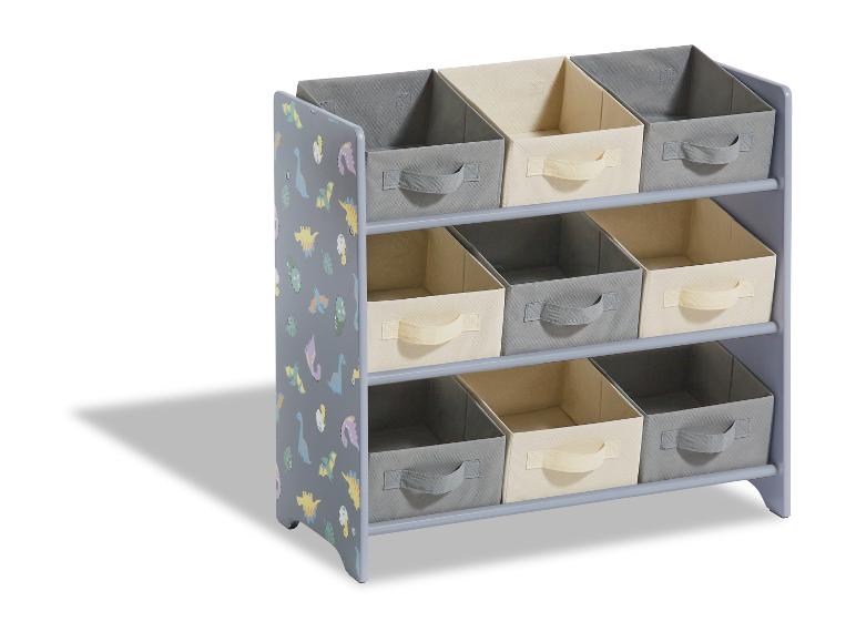 Armoire de rangement grise avec imprimé dinosaure et neuf paniers de rangement.