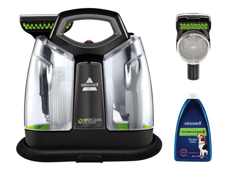 Nettoyeur de tapis portable Bissell SpotClean Pet Select avec brosse et solution de nettoyage.