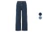 Jeans bleu foncé à jambe droite dans différentes nuances de bleu.