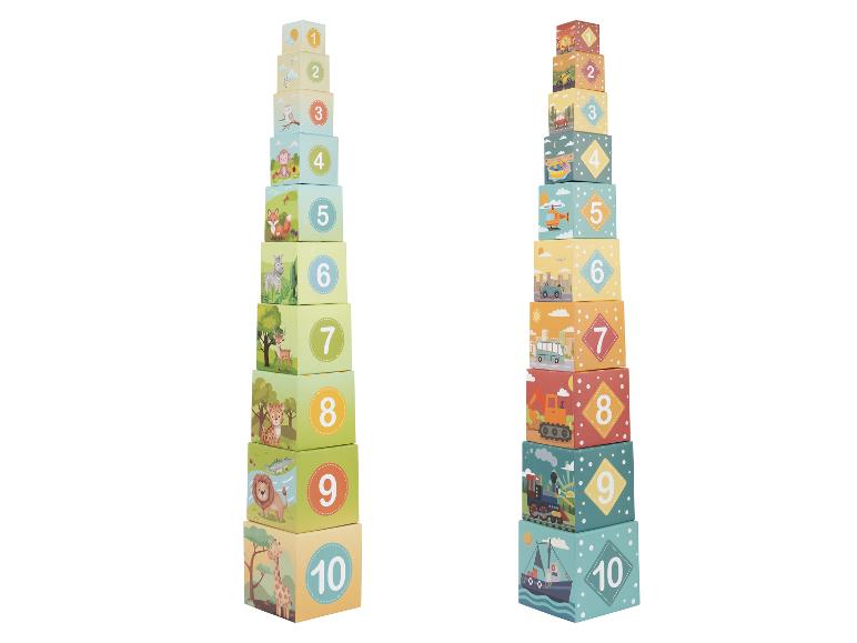 Tour à empiler LUPILU® avec motifs animaux et véhicules, chiffres de 1 à 10.