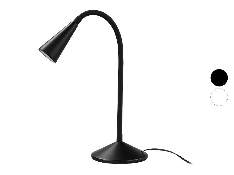Lampe de bureau noire avec bras flexible et base ronde.