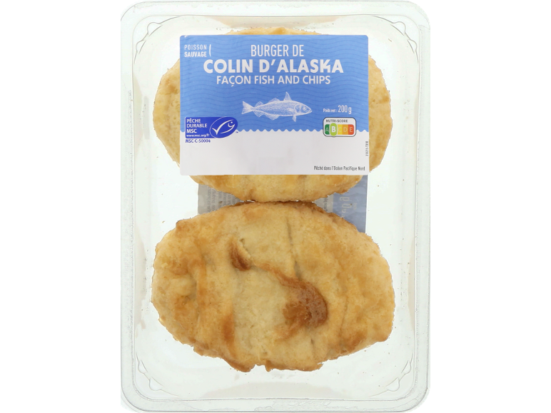 Emballage de deux burgers de colin d'Alaska panés, certifiés MSC, avec Nutri-Score D.