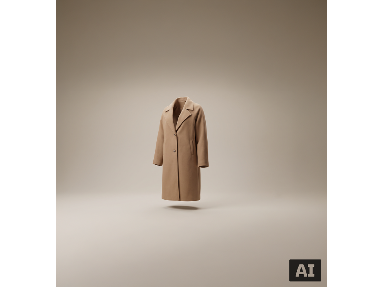 Un élégant manteau couleur camel flotte sur un fond neutre.
