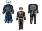 Trois costumes d'Halloween : un squelette, la mort et une citrouille.