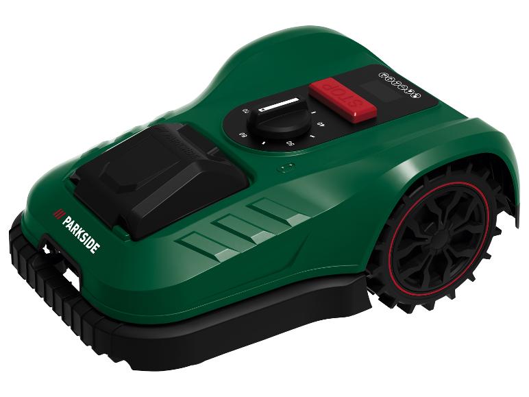 Robot tondeuse Parkside vert avec roues noires, accents rouges, panneau de commande et bouton STOP.