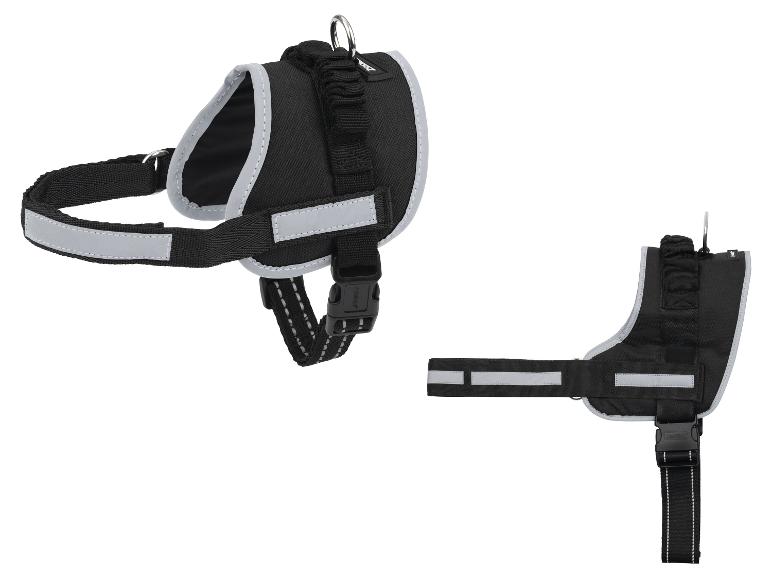 Harnais noir pour chien avec bandes réfléchissantes, présenté sous deux angles différents.