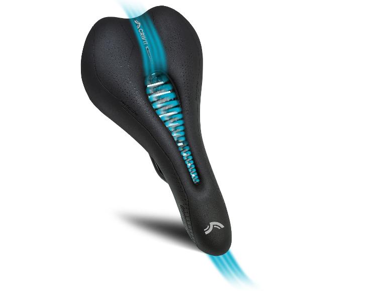 Selle de vélo noire avec canal de ventilation bleu et surface perforée.