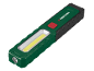Lampe de travail LED verte et noire avec un bouton rouge et une bande lumineuse jaune.