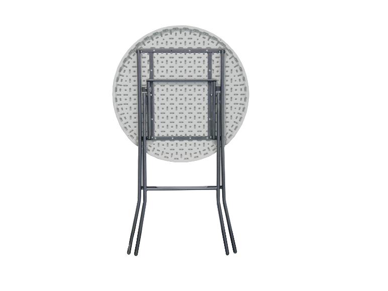 Table ronde pliante avec plateau en plastique blanc et cadre en métal gris foncé