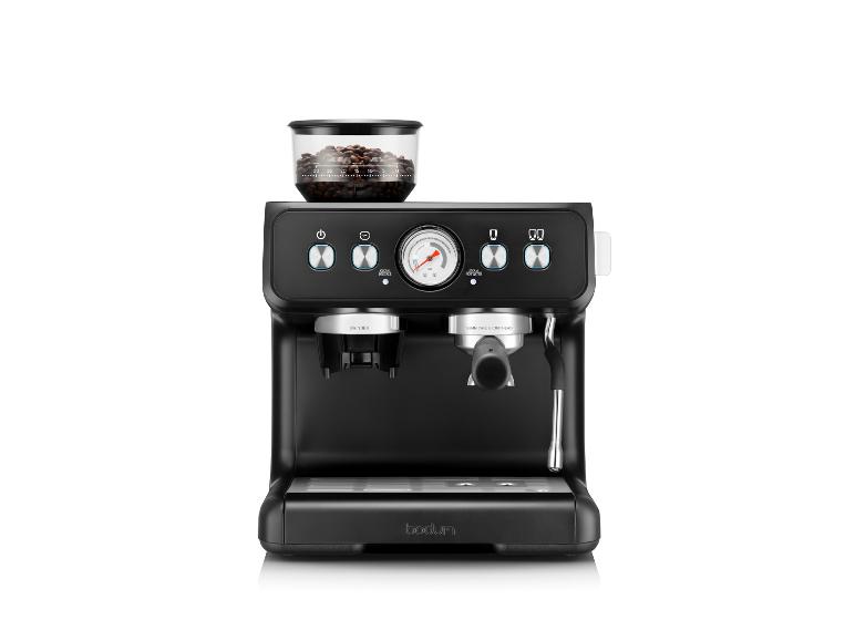 Machine à expresso noire avec moulin intégré, manomètre et grains de café dans la trémie.