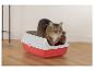 Chat dans une litière rouge et grise sur un sol en bois.
