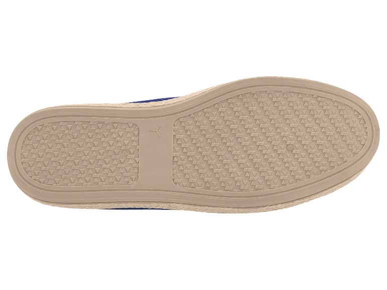 Semelle de chaussure espadrille avec motif texturé et bordure en jute tressée.