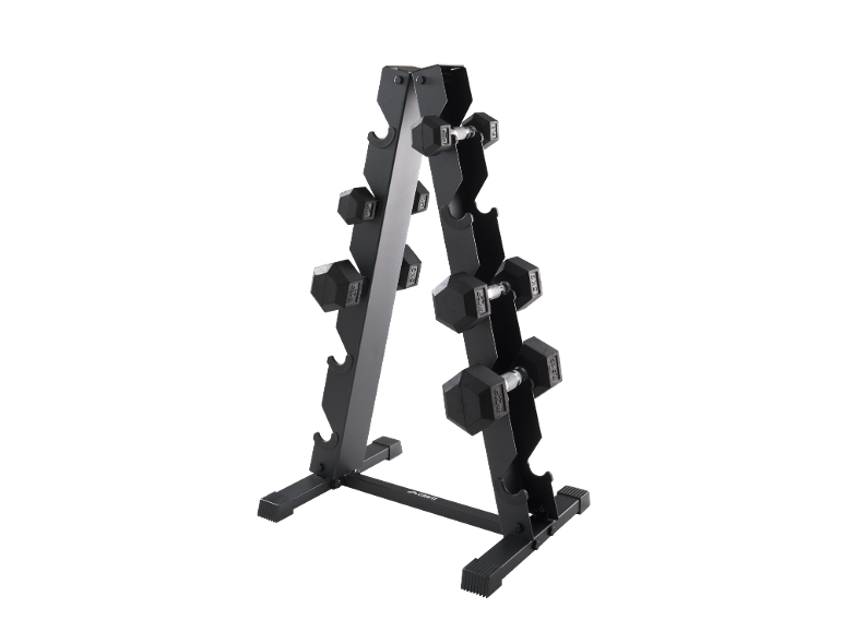 Support noir pour haltères avec haltères hexagonaux de divers poids.