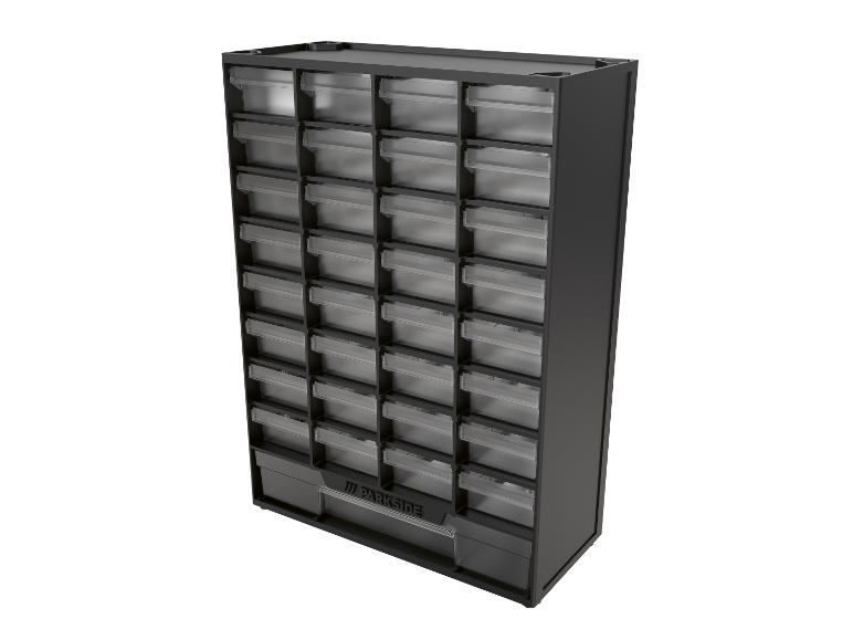 Armoire à outils noire Parkside en métal avec tiroirs transparents.