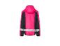 Une veste imperméable rose avec des bandes réfléchissantes.