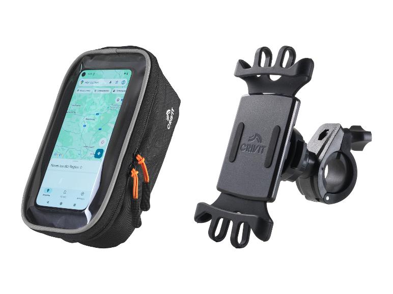 Support de téléphone pour vélo avec sacoche et écran affichant une carte.