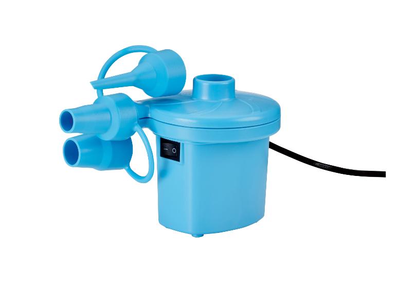Pompe à air électrique bleue avec embouts multiples.