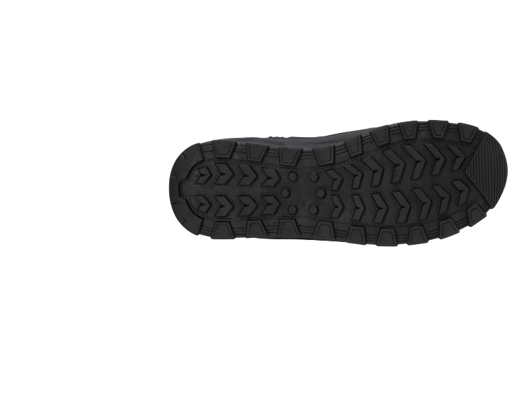 Semelle de chaussure noire avec bande de roulement texturée.