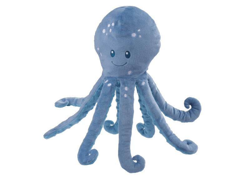 Peluche de pieuvre bleue avec un visage souriant et des taches blanches.