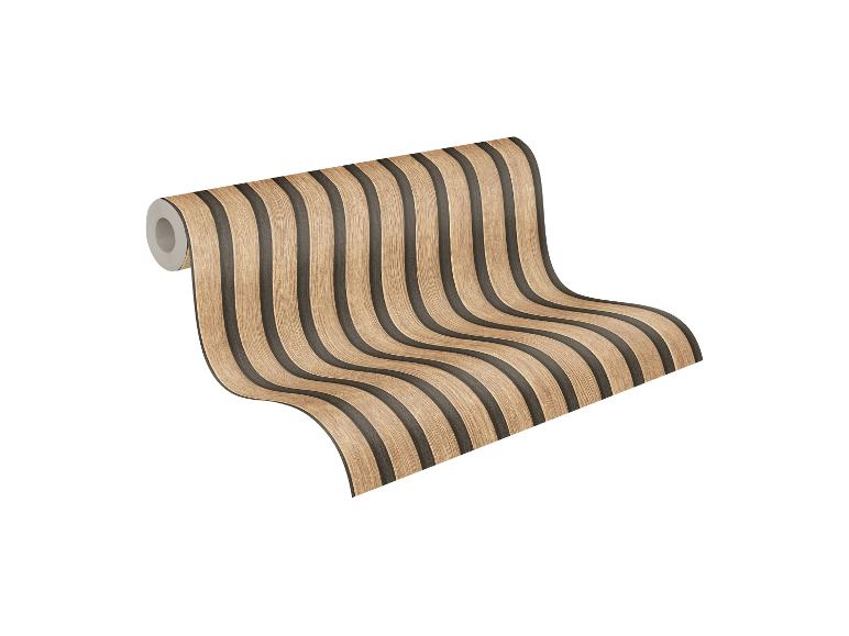 Rouleau de papier peint à rayures verticales marron et noires.