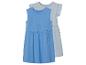 Deux robes pour filles : une bleue unie et une grise à pois.
