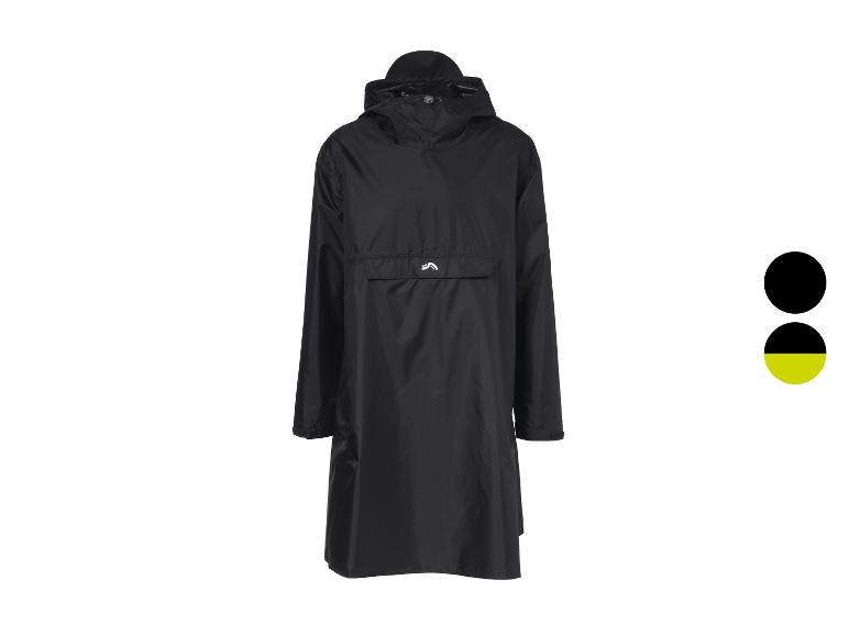 Poncho de pluie noir avec capuche et poche avant, avec des options de couleur noir et jaune-noir.