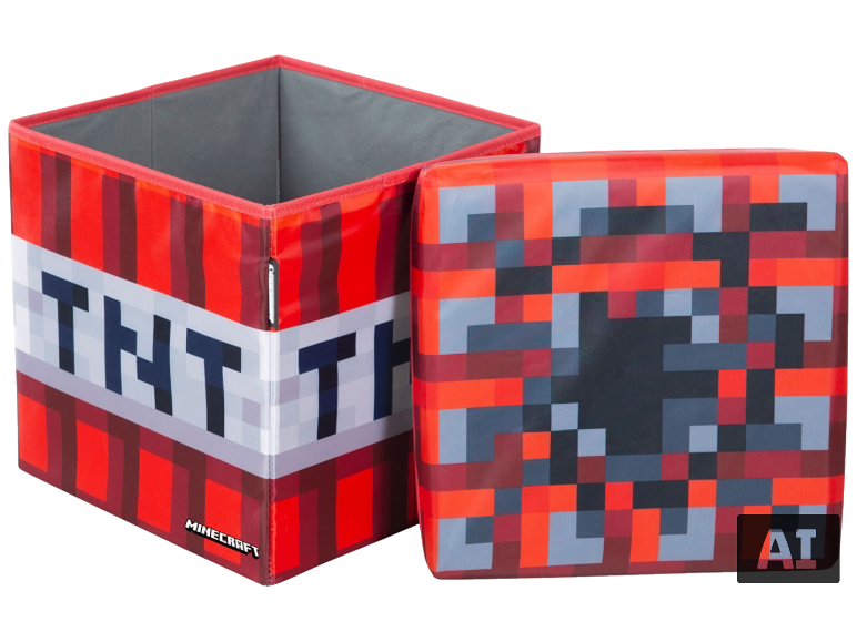 Deux boîtes Minecraft TNT, une ouverte, une fermée, avec un design pixelisé.