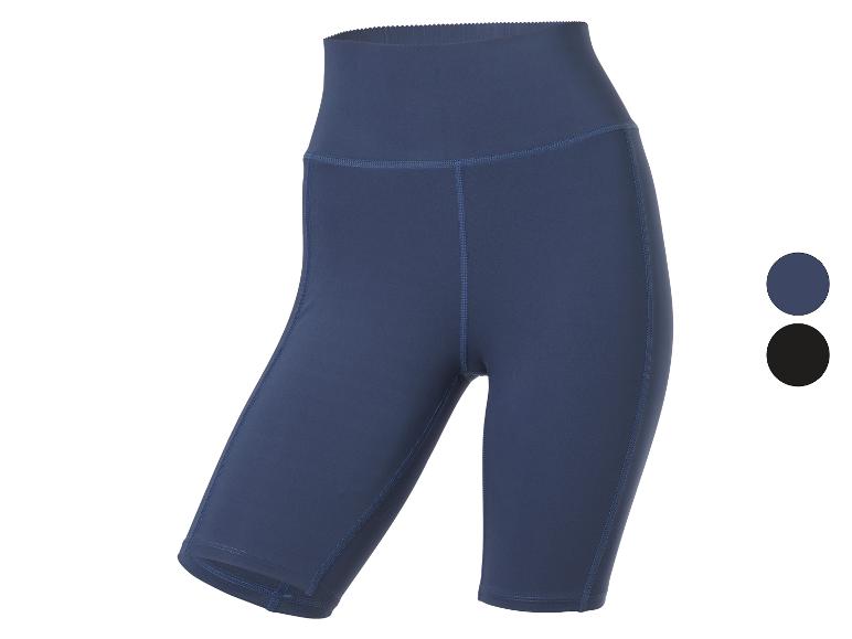Short de cyclisme bleu foncé taille haute avec coutures apparentes, avec échantillons de couleur bleu et noir.
