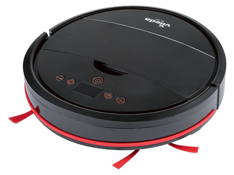 Aspirateur robot Vileda VR 303 noir avec bord rouge.