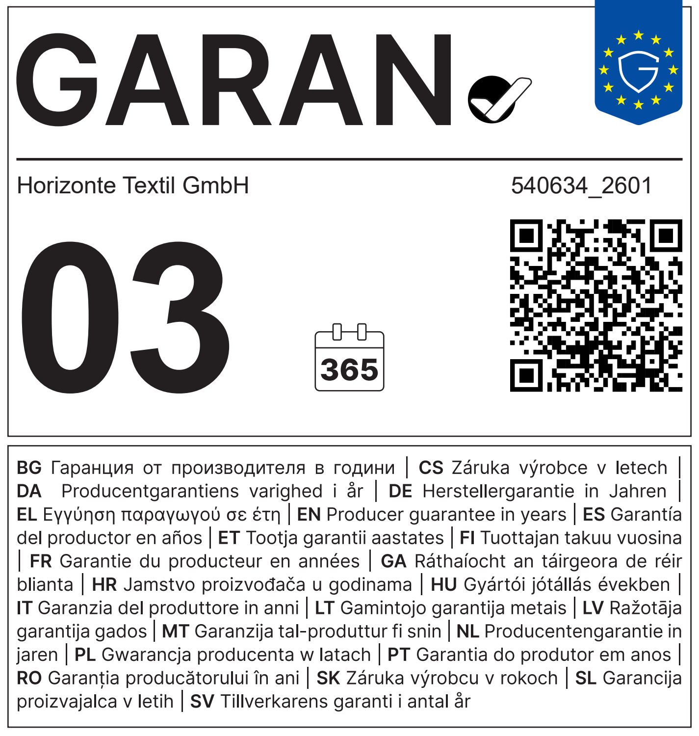Label de garantie de 3 ans de Horizonte Textil GmbH avec code QR.
