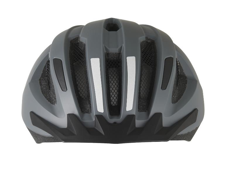 Un casque de vélo gris avec des ouvertures de ventilation et des bandes réfléchissantes.