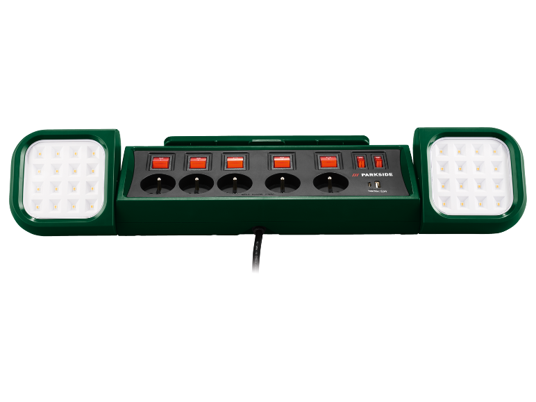 Multiprise verte avec quatre prises, interrupteurs individuels, deux ports USB et deux lampes de travail LED intégrées.
