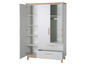 Une armoire blanche avec deux portes, deux tiroirs et un espace de rangement pour cintres.