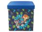 Pouf de rangement bleu pour enfants avec personnages de dessins animés et texte 'STOMP AROUND'.
