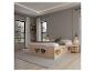 Chambre moderne avec lit en bois, tables de chevet et commodes, grandes fenêtres et éclairage d'ambiance.