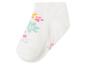 Chaussette blanche pour enfant avec empreintes de pattes et fleurs colorées.