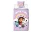 Parure de lit violette avec un arc-en-ciel, une fille et des chatons, avec le texte « DREAM IT UP ! »