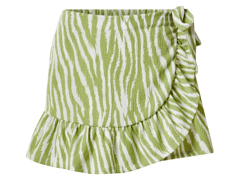 Mini-jupe femme à imprimé zèbre vert et blanc, avec volants et nœud latéral.